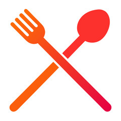 A vibrant crossed fork and spoon symbolize delicious food and joyful dining experiences with a warm orange and red gradient design.