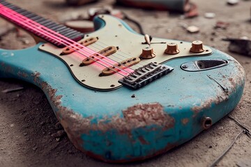 Vintage blue electric guitar with pink strings rests on a dusty floor in an abandoned space