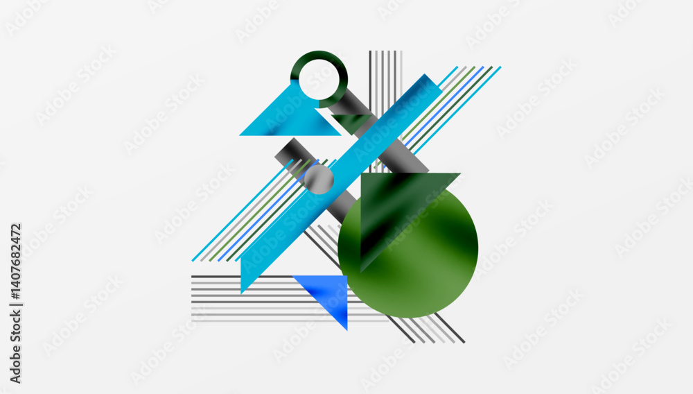 Poster Abstract geometric composition. Shapes overlap, creating dynamic visual interest. Lines intersect with circles, squares, triangles. Cool blues contrast warm greens. Minimalist design.