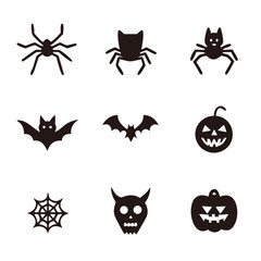 Spooky Halloween silhouettes: bats, spiders, pumpkins, and a skull, creating a playfully eerie atmosphere with bold black icons on a white background.