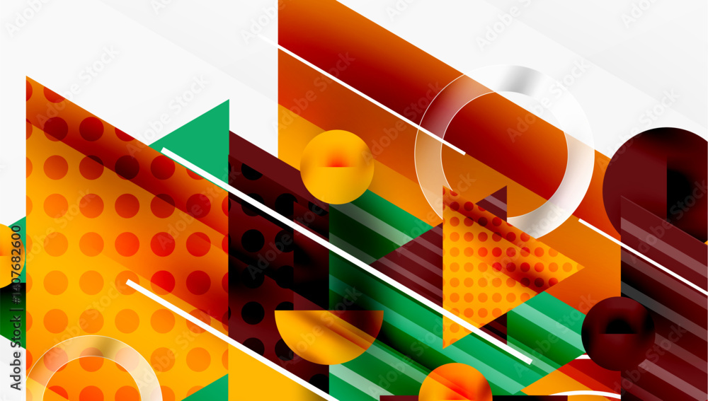 Poster Abstract geometric composition. Overlapping shapescircles, triangles, rectanglescreate dynamic visual texture. Warm color palette dominates, accented by cool green tones. Modern design elements sugges