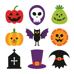 A playful collection of Halloween icons featuring jack-o'-lanterns, a spooky bat, a whimsical skull, and a witch's hat, all in a bold, flat design style.