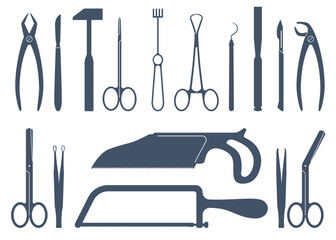 Surgical instrument silhouette set. Medical equipment, different scalpels, expanders and saws for operation. Surgery clamps, forceps and scissors. Amputation tools. Vector objects