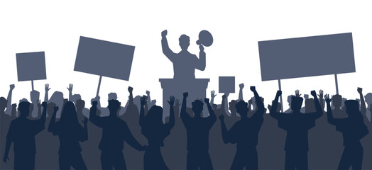 Silhouettes people at political rally. People with banner and placard. Politician speaks into megaphone on platform. Protesting crowd on demonstration. Isolated background. Vector concept