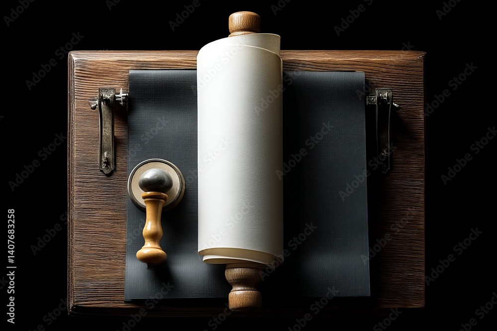 Poster document creation station with blank scroll and wooden stamp on a textured surface