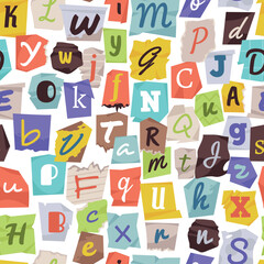 Ransom font seamless pattern. Cut out pieces of magazines, newspapers with letters and numbers, random typographic. Textile, wrapping paper, wallpaper. Print for fabric tidy vector background