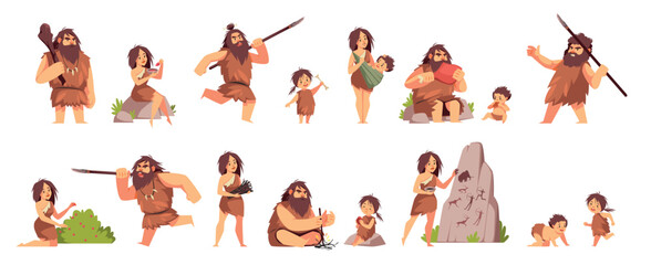 Primitive people characters. Stone age cavemen, men warrior with weapon, women and kids in animal skins, hunting, gathering and everyday life, cartoon flat style isolated tidy vector set