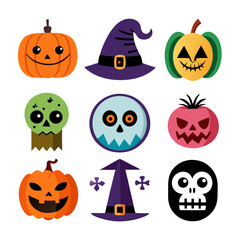 Spooky and playful Halloween icons featuring grinning pumpkins, mischievous skulls, and witch hats in a bold, flat design style.