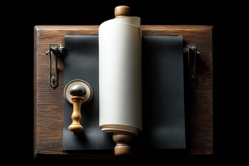 Document creation station with blank scroll and wooden stamp on a textured surface