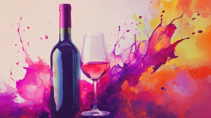 Abstract Artistic Wine Bottle & Glass Splash: Colorful Background Celebrating Red Wine & Sommelier Lifestyle