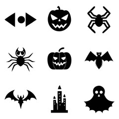 Obraz premium Spooky Halloween icons featuring grinning pumpkins, creepy spiders, and fluttering bats in bold black silhouettes on a white background.