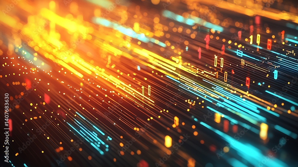 Poster Vibrant abstract image showcasing glowing lines and dots in orange and blue colors conveying a dynamic and energetic feel : Generative AI