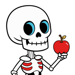 A charming skeleton with big blue eyes playfully holds a juicy red apple, a whimsical cartoon illustration in bold outlines and bright colors.