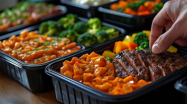 Wholesome meal prep featuring grilled steak with vibrant side dishes and fresh vegetables in containers : Generative AI