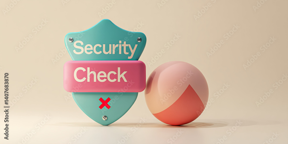 Poster 3d render of teal security shield with pink check bar and red cross, alongside a peach-colored spher