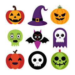A playful collection of Halloween icons featuring grinning pumpkins, spooky skulls, a mischievous bat, and a witch's hat, all in a bold, flat graphic style.