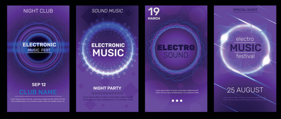 Circle sound waves. Night club invitation posters, electronic techno sound round diagrams, radial musical frequencies, disco party banner, glowing abstract background, qualitative vector set