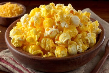 Freshly popped popcorn with cheese flavor served in a wooden bowl on a rustic table