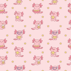 Axolotls seamless pattern. Funny baby amphibian, repeated kawaii animal, cartoon kids mascot pink cute ambystoma, childish textile, wrapping, wallpaper. Print for fabric garish vector background