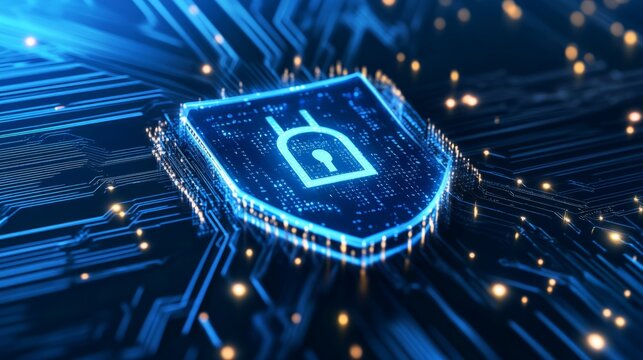 Glowing geometric shapes in blue and silver tones symbolizing futuristic digital security and protection
