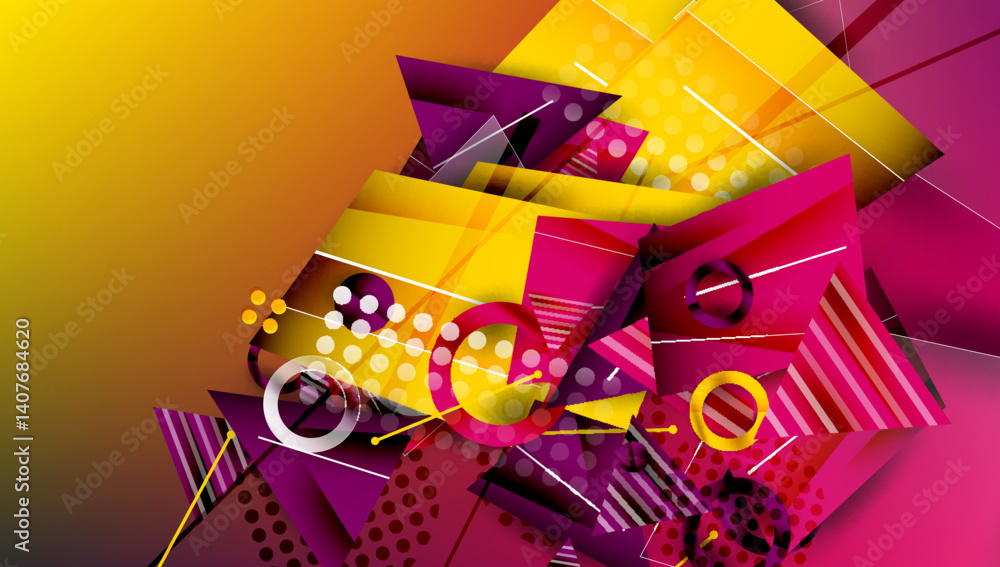 Poster dynamic composition featuring vibrant geometric shapes. yellow, magenta, purple gradients create ene