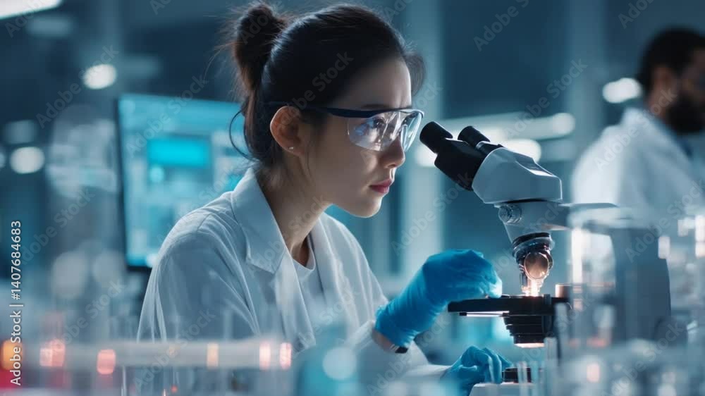 Poster scientist focuses on observations using a microscope in laboratory generative ai