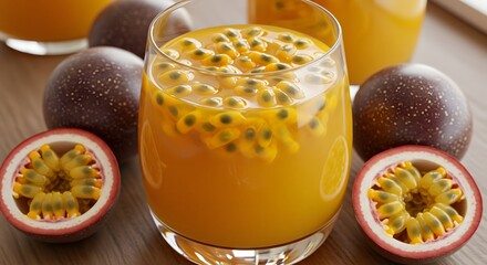 Passion fruit juice with visible seeds in a stylish glass, surrounded by halved passion fruits