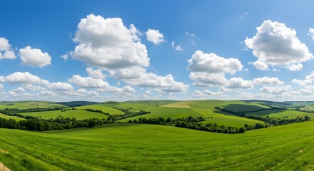 Obraz premium Rolling green hills under a blue sky with fluffy clouds, rural countryside scenery, bright daylight