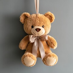 Obraz premium Brown teddy bear, beige bow, hanging gently.