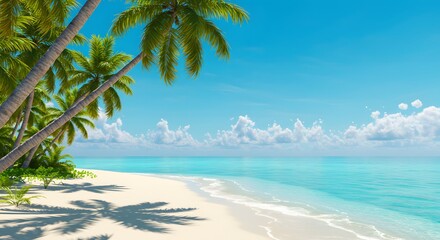 Tropical beach with white sand, turquoise sea, and palm trees swaying in the breeze, summer vacation vibe