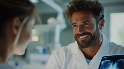 Obraz premium Doctor discussing an X-ray with a patient in a modern medical office during daylight hours