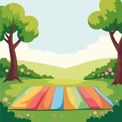 Fototapeta premium Colorful picnic blanket in sunny outdoor garden, joyful relaxation