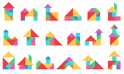 Tangram buildings. Geometric jigsaws, kids puzzles with colorful simple shapes, logical thinking game, abstract flat houses, childish education, qualitative vector isolated set