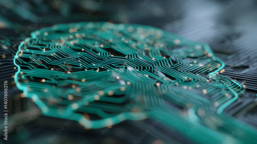 Poster close-up of teal circuit board lines forming a brain shape, showcasing technology, artificial intell