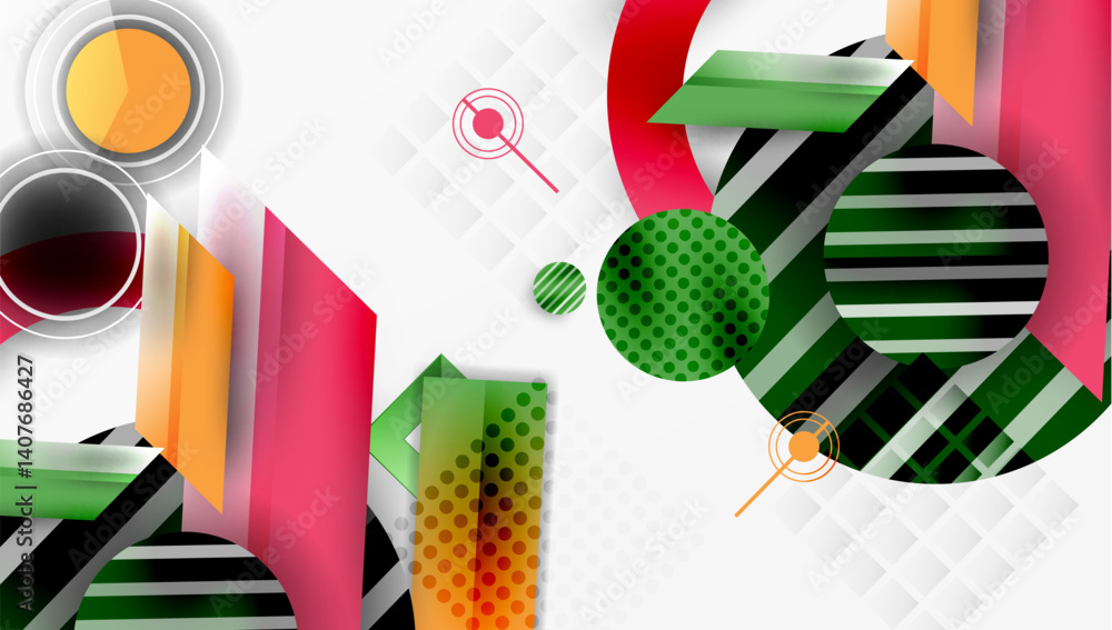 Aufkleber Abstract geometric composition. Overlapping shapes, circles, squares, lines create dynamic visual experience. Bright colors contrast with white background. Modern design elements present.