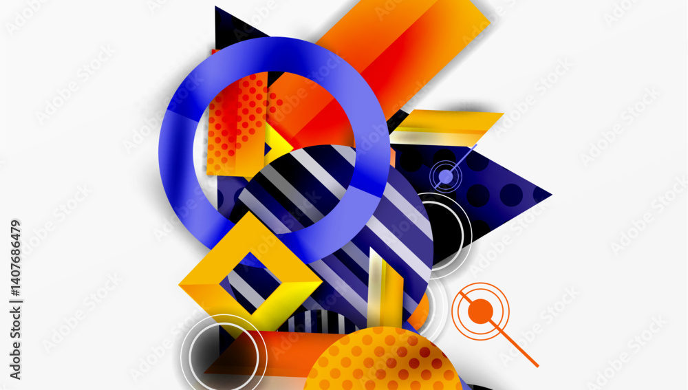 Fototapete Abstract geometric composition. Bold shapes, vibrant colors create dynamic visual experience. Overlapping elements suggest depth, movement, modern design aesthetic.