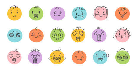 Hand drawn color emoji. Sketchy doodle faces with different emotions, mood expressions, funny smiling, sad stylized heads, social media avatar, stickers classy vector isolated cartoon set