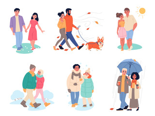 Fototapeta premium Happy couple walking. Different weather strolls, warm and cold seasons, outdoor pastime, people on fresh air, romantic meeting, active lifestyle cartoon flat isolated classy vector set