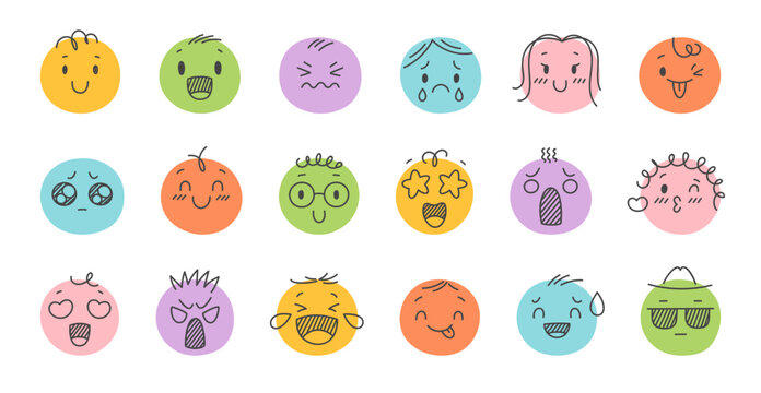 Naklejki Hand drawn color emoji. Sketchy doodle faces with different emotions, mood expressions, funny smiling, sad stylized heads, social media avatar, stickers classy vector isolated cartoon set