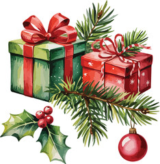  Watercolor illustration of two Christmas gifts with red and green ribbons, holly leaves, and a Christmas ornament. Ideal for holiday, Christmas, and festive-themed projects.