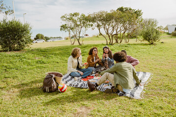 A multinational group of young friends sitting together on a picnic blanket in a green park,...