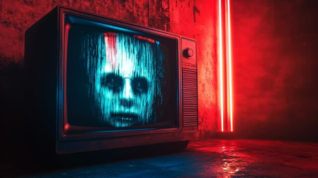 Scary horror tv screen face glitch creepy vintage television spooky haunted red lighting dark atmosphere