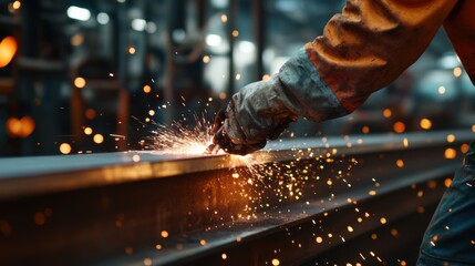 Steelworker cutting steel beams at a construction site. Featuring strength and precision