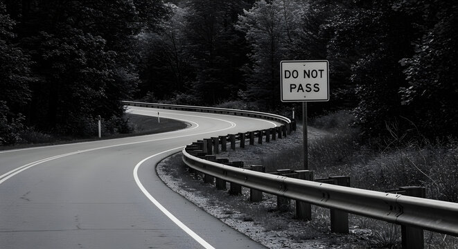 Winding Road Through Forest with Do Not Pass Sign in Black and White - Powered by Adobe