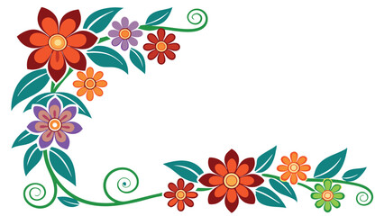 Obraz premium Ornamental Floral Corners with Colorful Flowers, Green Leaves, and Decorative Swirls on White