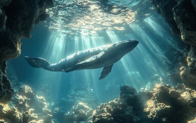 Majestic Whale Silhouette Swimming in Underwater Cave with Dramatic Sun Rays and Depth
