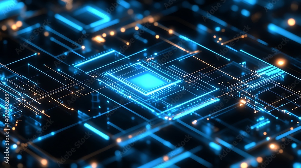 Fototapete High-tech circuit board design with a glowing blue microchip at the center : Generative AI