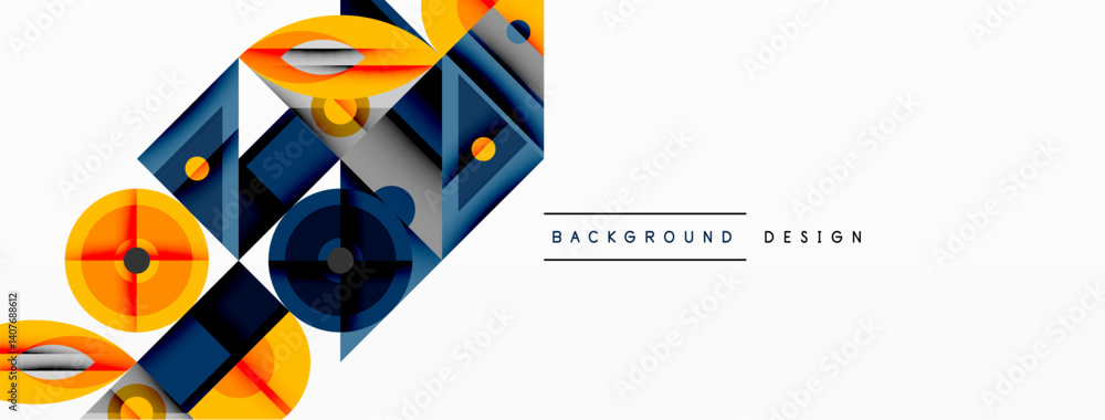 Poster abstract geometric shapes overlap, creating dynamic composition. orange, navy, gray hues dominate de