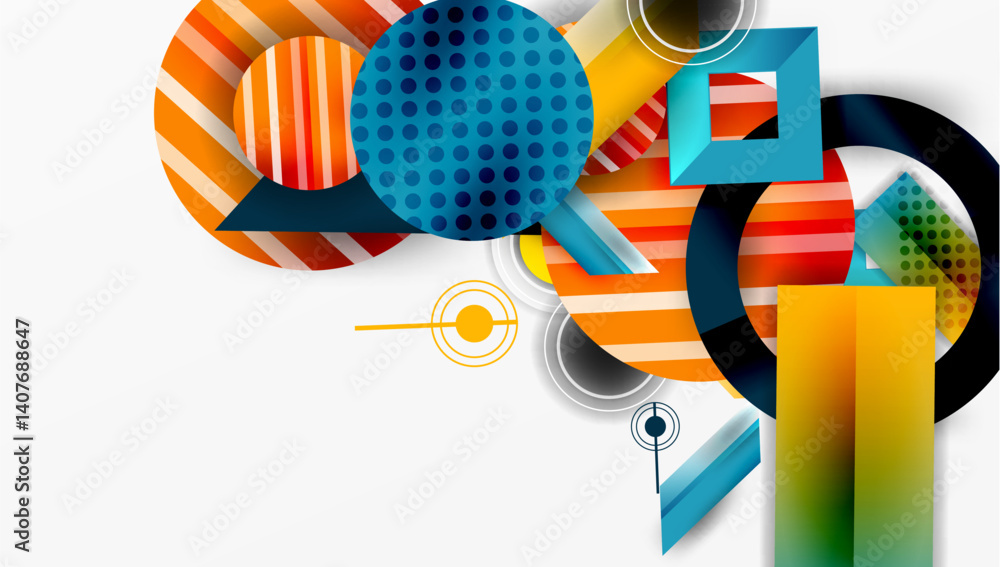 Leinwandbilder Abstract geometric composition. Overlapping circles, rectangles, lines create dynamic visual effect. Bright colors, gradients add depth, modern aesthetic.