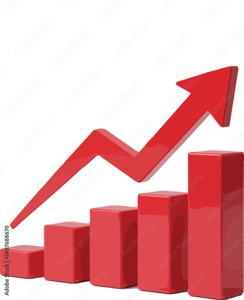 Poster red growth chart icon - 3d bar graph with an upward arrow showing increasing progress